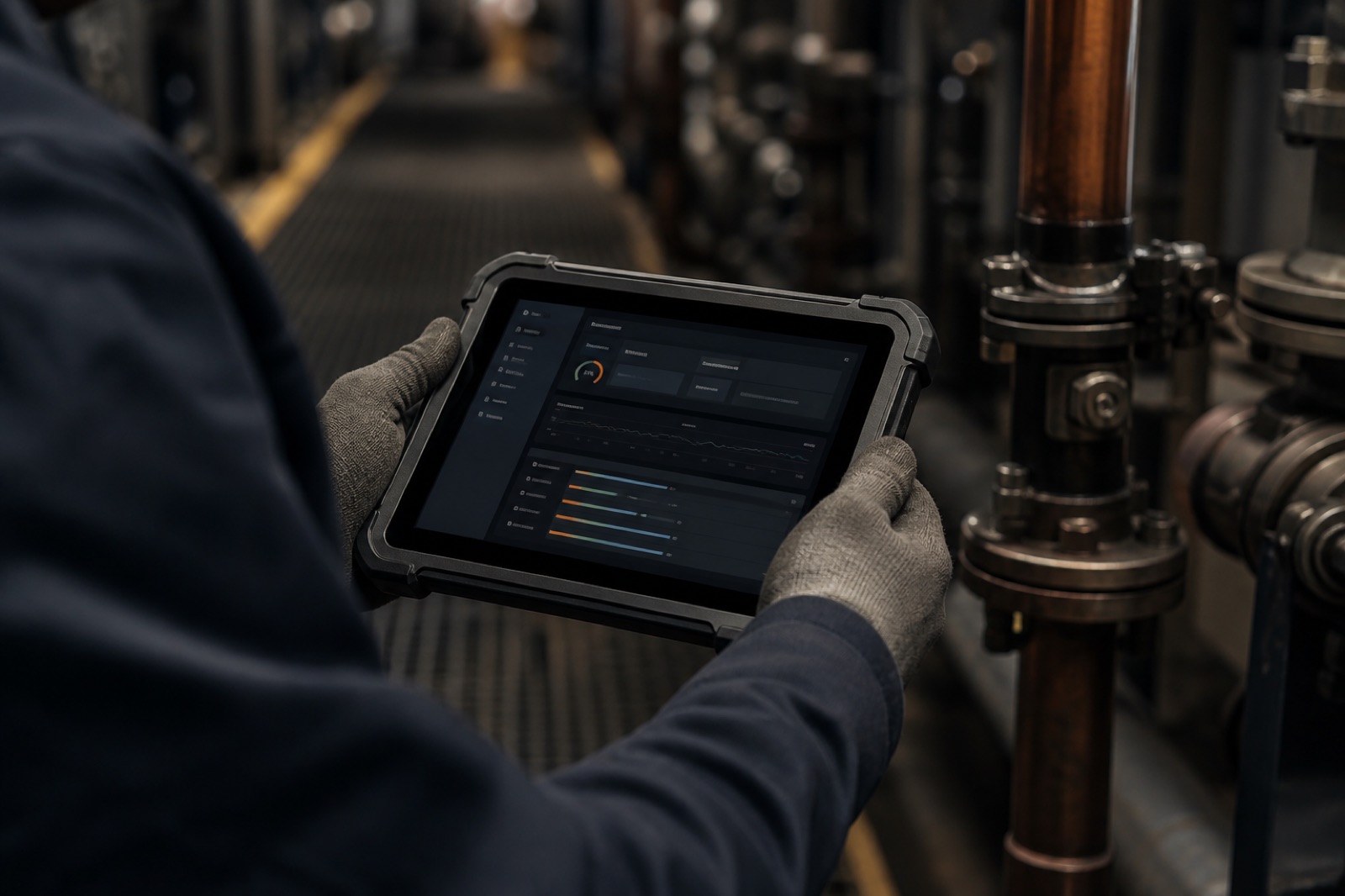 Tablet technika terenowego podczas realizacji zlecenia w zakładzie przemysłowym
